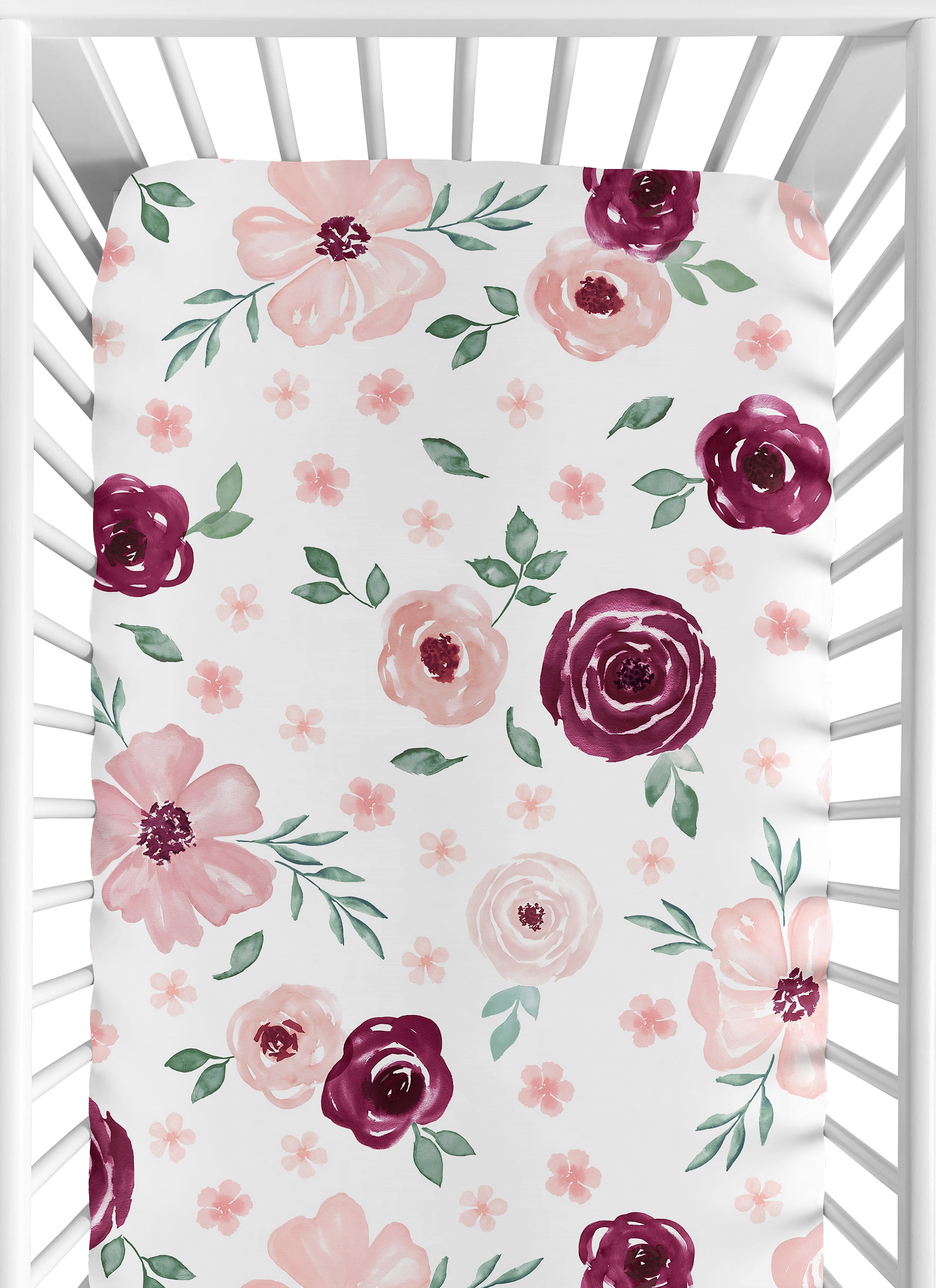 Watercolor Floral Burgundy Wine and Pink Fitted Crib Sheet by Sweet Jojo Designs