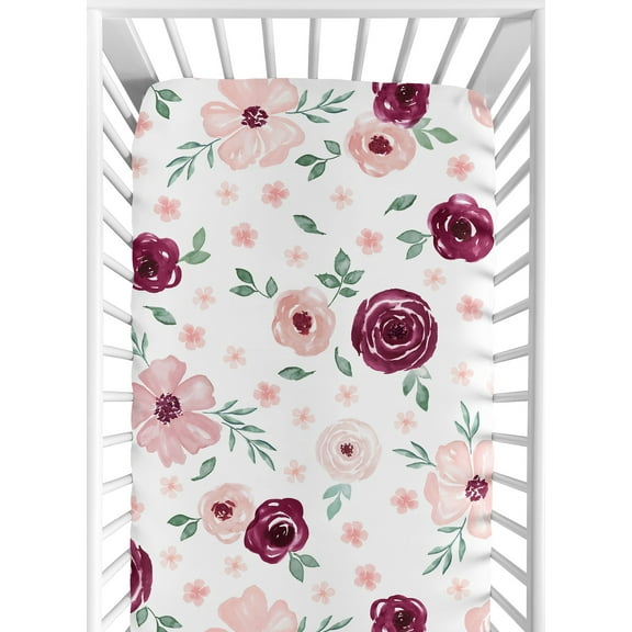 Watercolor Floral Burgundy Wine and Pink Fitted Crib Sheet by Sweet Jojo Designs