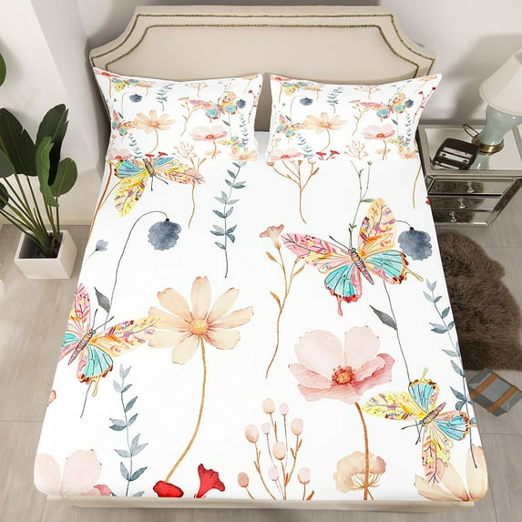 Watercolor Floral Butterfly Bedding Set Full Size,Coral Beige Flower Fitted Sheet For Teens Adult Women Bedroom,Rustic Farmhouse Bed Sheets Pastoral Branches Aesthetic Sheets,(No Top Sheet)