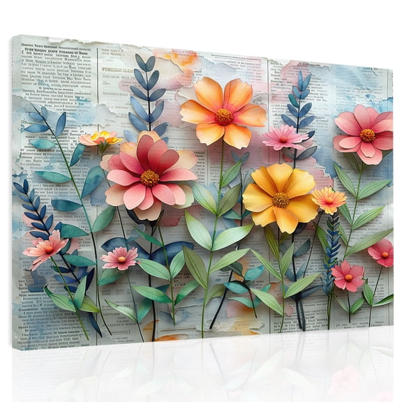 Watercolor Floral Canvas Print Wall Art, Flower Printing Newspaper Art 3D Wall Decor Modern Artwork Paintings Pictures for Living Room Framed and Stretched Ready to Hang, 24" x 32"