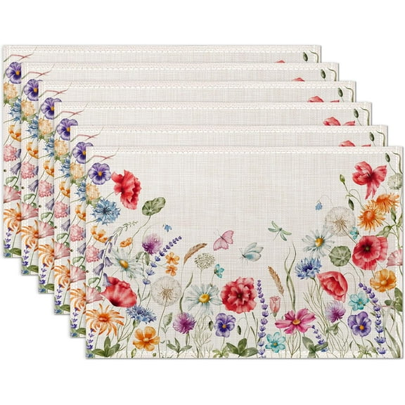 Watercolor Floral Chamomile Lavender Flowers Placemats Set of 6 Place Mats for Kitchen Table Washable Farmhouse Linen Table Mats Dining Decoration 12x18 Inch