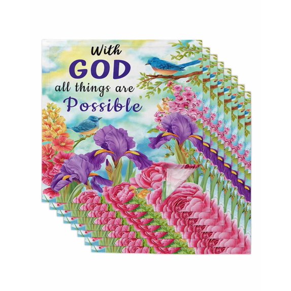Watercolor Floral Cloth Napkins Set of 8 Reusable Dinner Napkins, with God All Things Are Possible Cocktail Napkin Washable Table Napkins for Wedding/Holiday Party/Baby Shower 20"x20"
