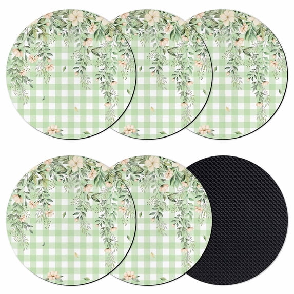 Watercolor Floral Coasters Set of 6, Absorbent Coasters for Drinks, Spring Flowers Leaves Botanical Green Plaid Coaster for Desk Coffee Table Protection, Home Decor House Warming Gifts 4"