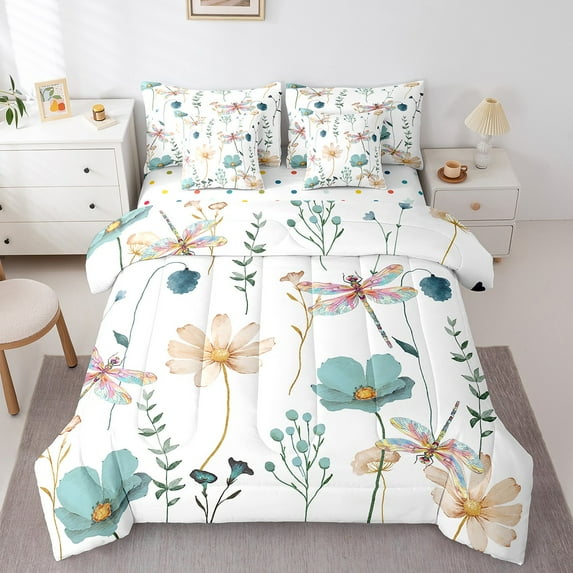Watercolor Floral Comforter Set King Size,Dragonfly Bedding Set Women,Teal Beige Flower Bed In A Bag(Comforter+Fitted+Flat Sheet+2 Pillowcases+2 Throw Pillow Covers) 7 Pieces Bed Set
