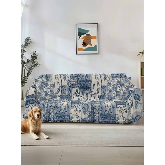 Watercolor Floral Couch Cover, Vintage Country Tribal Tie-dye Flowers Blue Sofa Cover Blanket for 3 Cushion Couch, Sectional Sofa Slipcover Furniture Protector for Living Room Bedroom 71''x134''