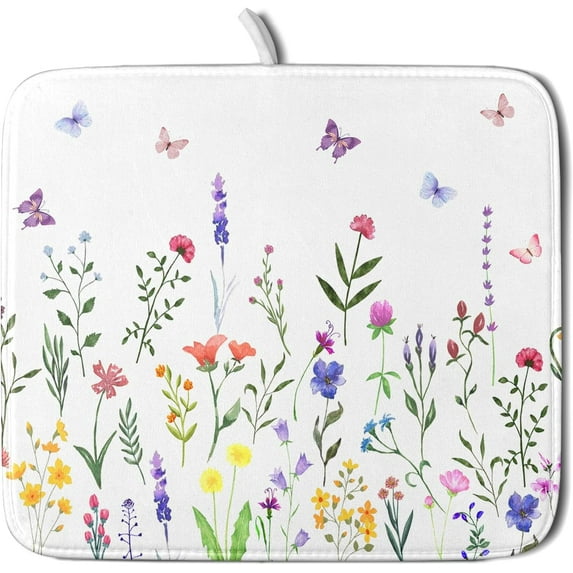 Watercolor Floral Dish Drying Mat for Kitchen Counter 16x18 Inch Spring Summer Wild Flower Butterfly Absorbent Reversible Microfiber Dish Drainer Rack Mats Countertops Protector Mat