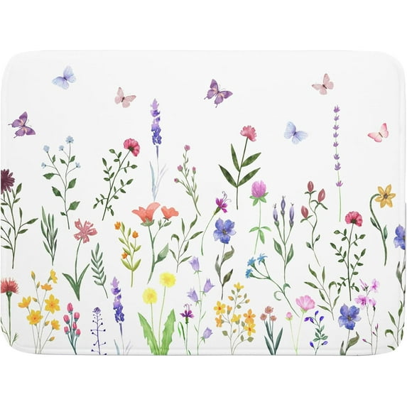 Watercolor Floral Dish Drying Mat for Kitchen Counter 18x24 Inch Spring Summer Wild Flower Butterfly Absorbent Reversible Microfiber Dish Drainer Rack Mats Countertops Protector Mat