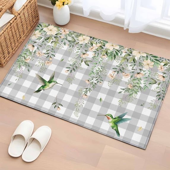 Watercolor Floral Entryway Rug 2'x3' Non Slip Front Door Mats, Spring Flowers Birds Plants Gray Plaid Entrance Rugs Indoor Outdoor Carpet, Washable Floor Mats Small Area Rug for Bedroom Kitchen