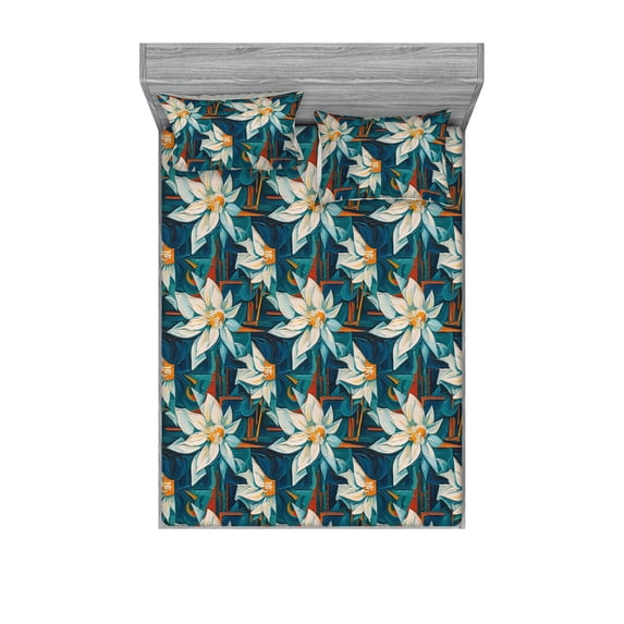 Watercolor Floral Fitted Sheet & Pillow Sham Set, Abstract Daffodils in Surreal Painting Style Garden of Art, Decorative Printed 3 Piece Bedding Decor, Calking, Dark Teal Burnt Orange, by Ambesonne