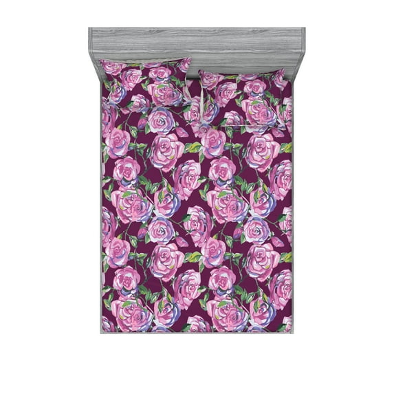 Watercolor Floral Fitted Sheet & Pillow Sham Set, Springtime Garden Rose Flowers With Leaves Cottagecore Art, Decorative Printed 3 Piece Bedding Decor, King, Lilac Fern Green Purple, by Ambesonne