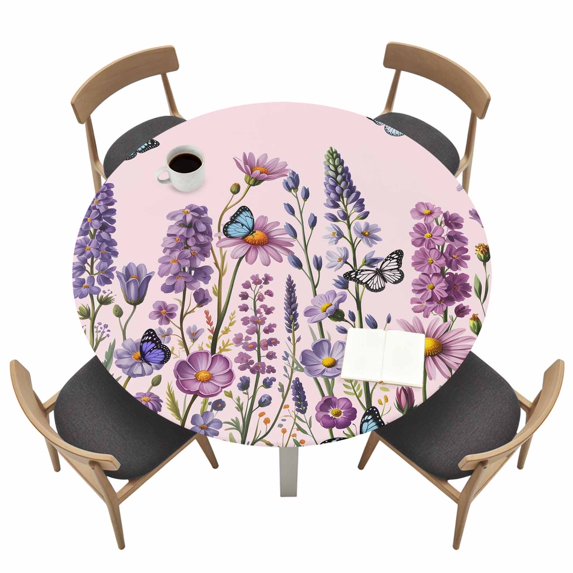 Watercolor Floral Fitted Tablecloth with Elastic Edged, Round Table Cloth for Dining Table, Spring Lavender Daisy Butterflies Pink Waterproof Oil Proof Table Cover for Indoor Outdoor 45"-54"