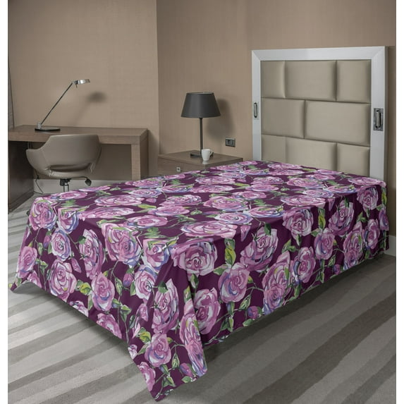Ambesonne Watercolor Floral Flat Bedding Sheet Soft Top Sheet, Spring Rose Bloom, Twin, Lilac Fern Green Purple