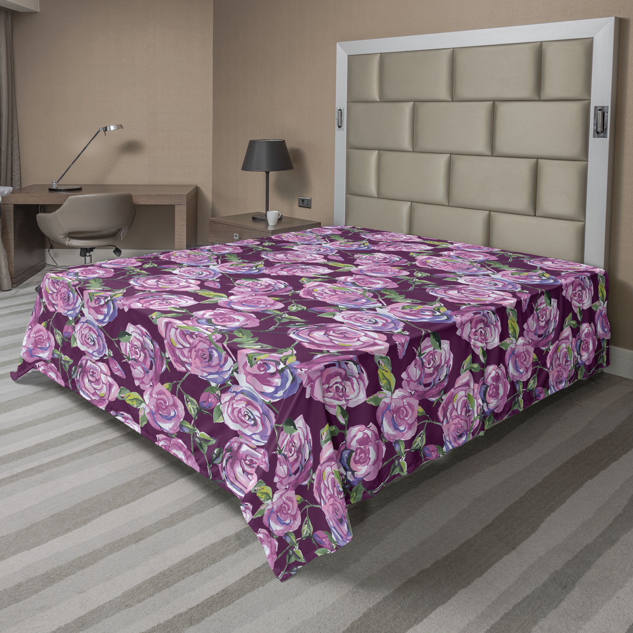 Watercolor Floral Flat Sheet, Springtime Garden Rose Flowers With Leaves Cottagecore Art, Soft