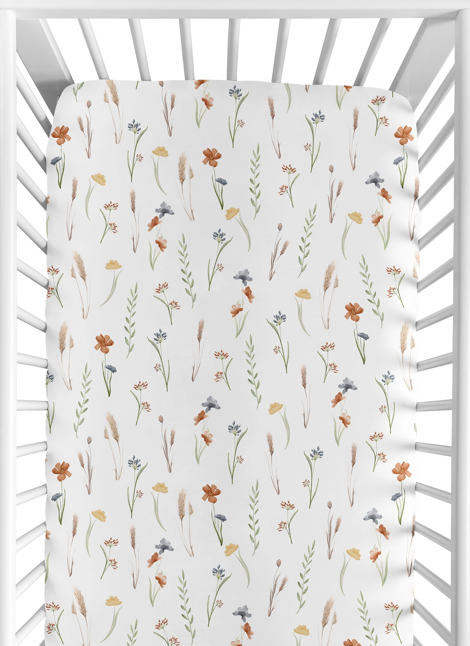 Sweet Jojo Designs Watercolor Floral Garden Green Beige and Blue Fitted Crib Sheet