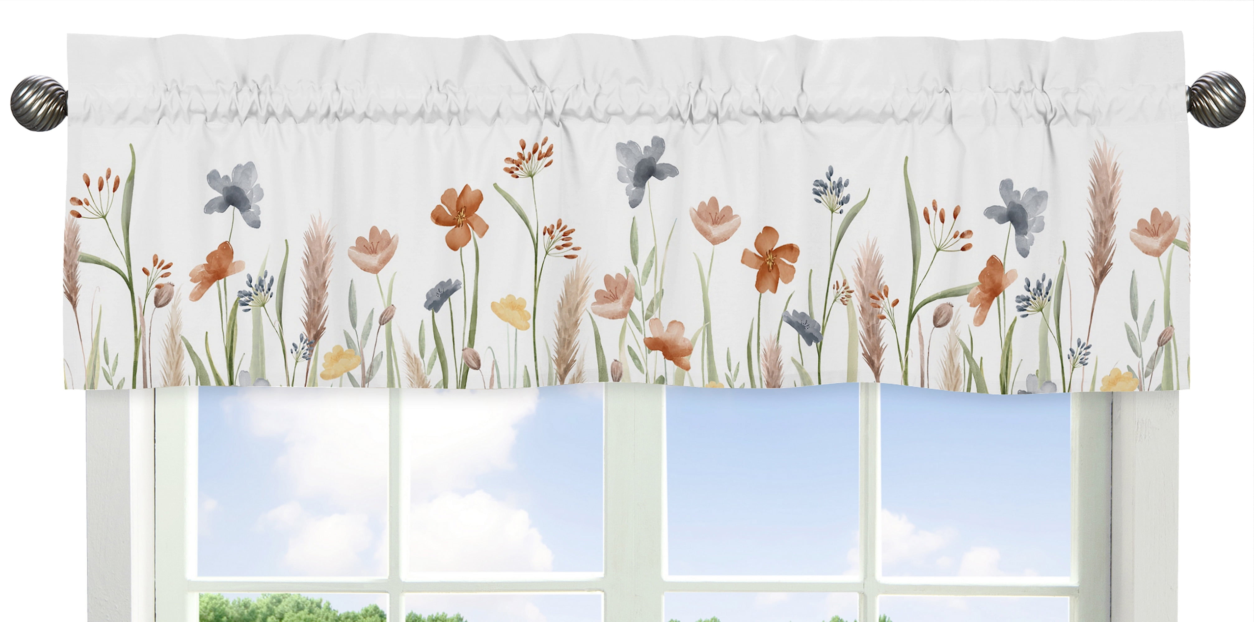 Sage Green Watercolor Floral Garden 54" Window Valance