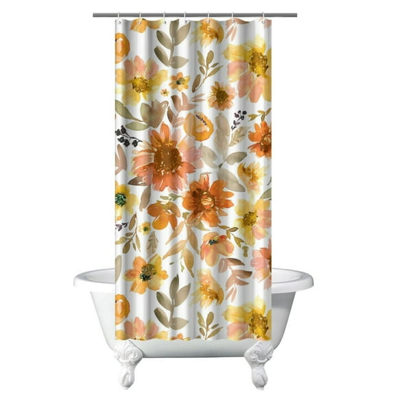 Watercolor Floral Garden Scene Curtain – Botanical Bloom Print for Country Bathroom Aesthetic