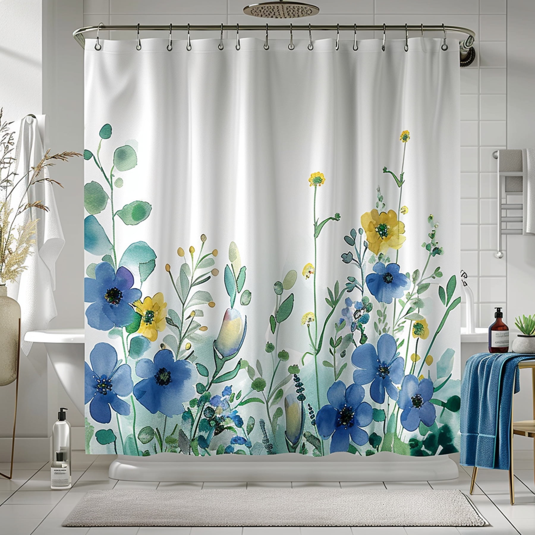 Watercolor Floral Garden Shower Curtain Blue & Green Design with Yellow