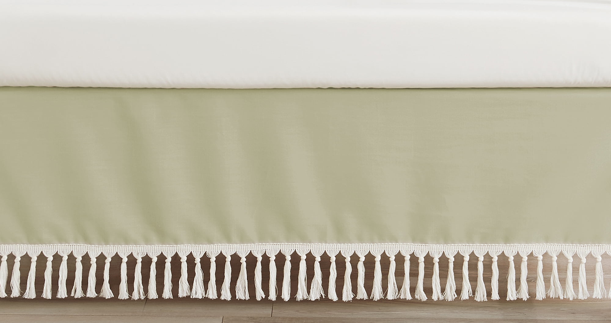 Sage Green and Beige Microfiber Baby Crib Skirt with Tassels