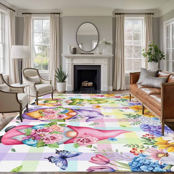 Watercolor Floral Gnomes 5'x7' Area Rug, Spring Flowers Butterflies Grid Washable Non-Slip Soft Rugs, Low-Pile Large Carpet for Living Room Bedroom Dining Room, Non-Shedding Accent Rug