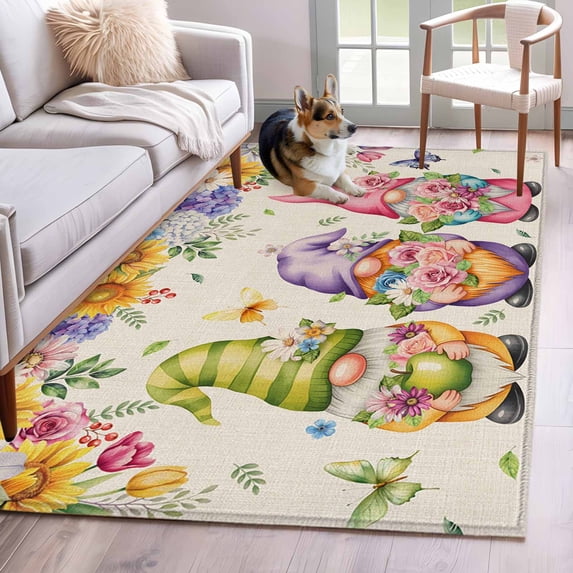 Watercolor Floral Gnomes Area Rug 4'x6', Spring Garden Butterflies Beige Washable Non-Slip Rugs, Low Pile Large Carpet for Living Room Bedroom Dining Room Kitchen Office Indoor Mat