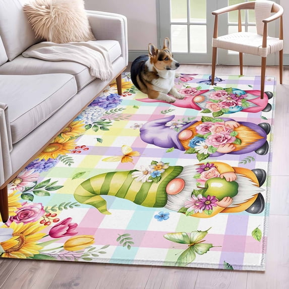Watercolor Floral Gnomes Area Rugs 4'x6', Washable Small Throw Rugs for Office Bathroom, Spring Flowers Butterflies Grid Indoor Outdoor Rug Non-Slip Low Pile Carpet Runner Reversible Floor Mats