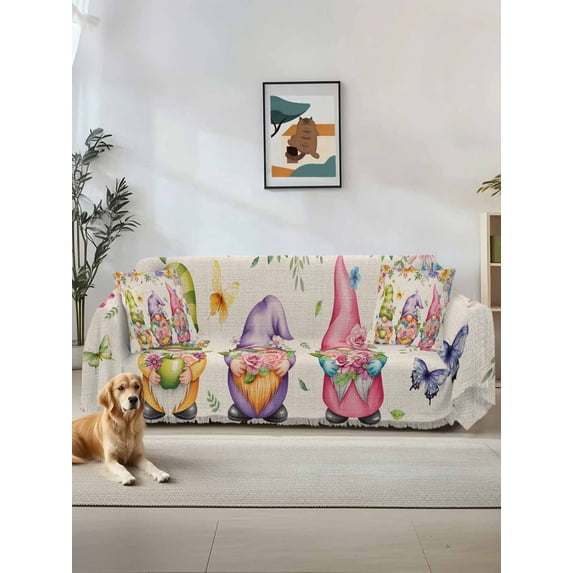 Watercolor Floral Gnomes Couch Cover for 2 Cushion Sofa, Spring Garden Butterflies Beige Washable Loveseat Sofa Covers Slipcover for Sectional Sofas L-Shaped, Couch Throw Cover 71"x118"