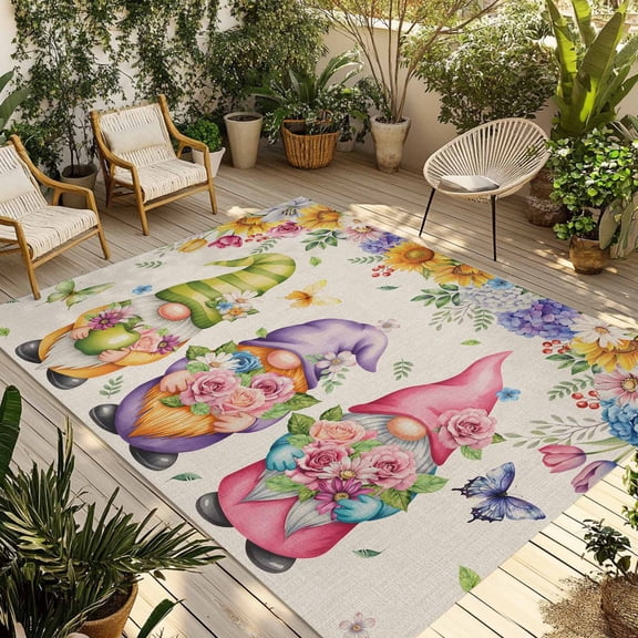 Watercolor Floral Gnomes Outdoor Rug 5x7 Ft - Reversible Patio Rug Outdoor Camping Rugs, Spring Garden Butterflies Beige Indoor Outdoor Area Rugs, Non-Slip Outdoor Carpet Runner for Deck/Porch