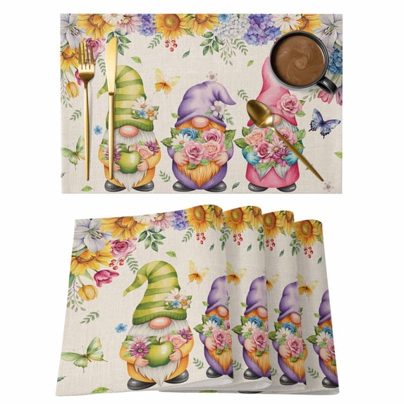 Watercolor Floral Gnomes Placemats Set of 12, Spring Garden Butterflies Beige Placemats for Dining Table, Place Mats for Kitchen Tabletop, Waterproof Wipeable Dining Table Mats Set