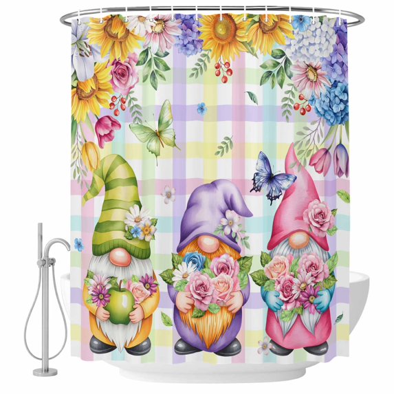 Watercolor Floral Gnomes Shower Curtain, Waterproof Shower Curtains for Bathroom, Spring Flowers Butterflies Grid Washable Fabric Bathtub Curtain Set Bath Decor with 12 Hooks Extra Long 72"x96"