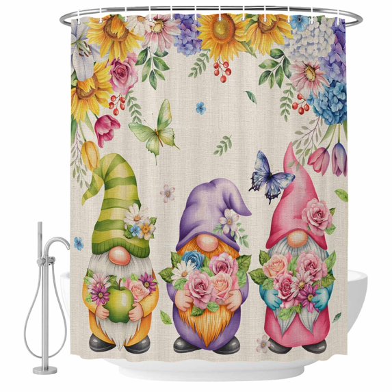 Watercolor Floral Gnomes Shower Curtain, Waterproof Shower Curtains for Bathroom, Spring Garden Butterflies Beige Washable Fabric Bathtub Curtain Set Bath Decor with 12 Hooks Long 72"x84"