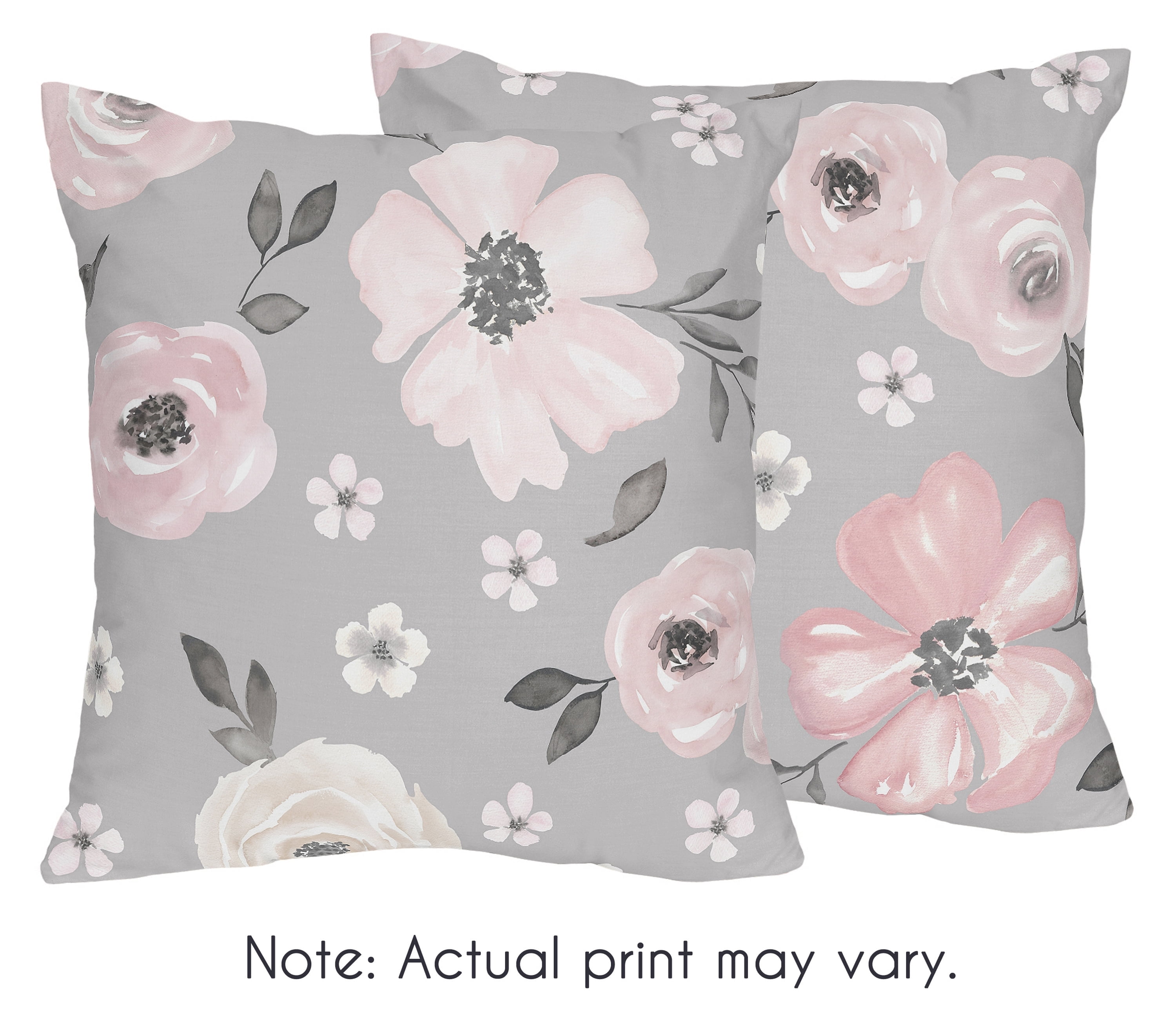 Grey and Pink Watercolor Floral Kids' Throw Pillows Set