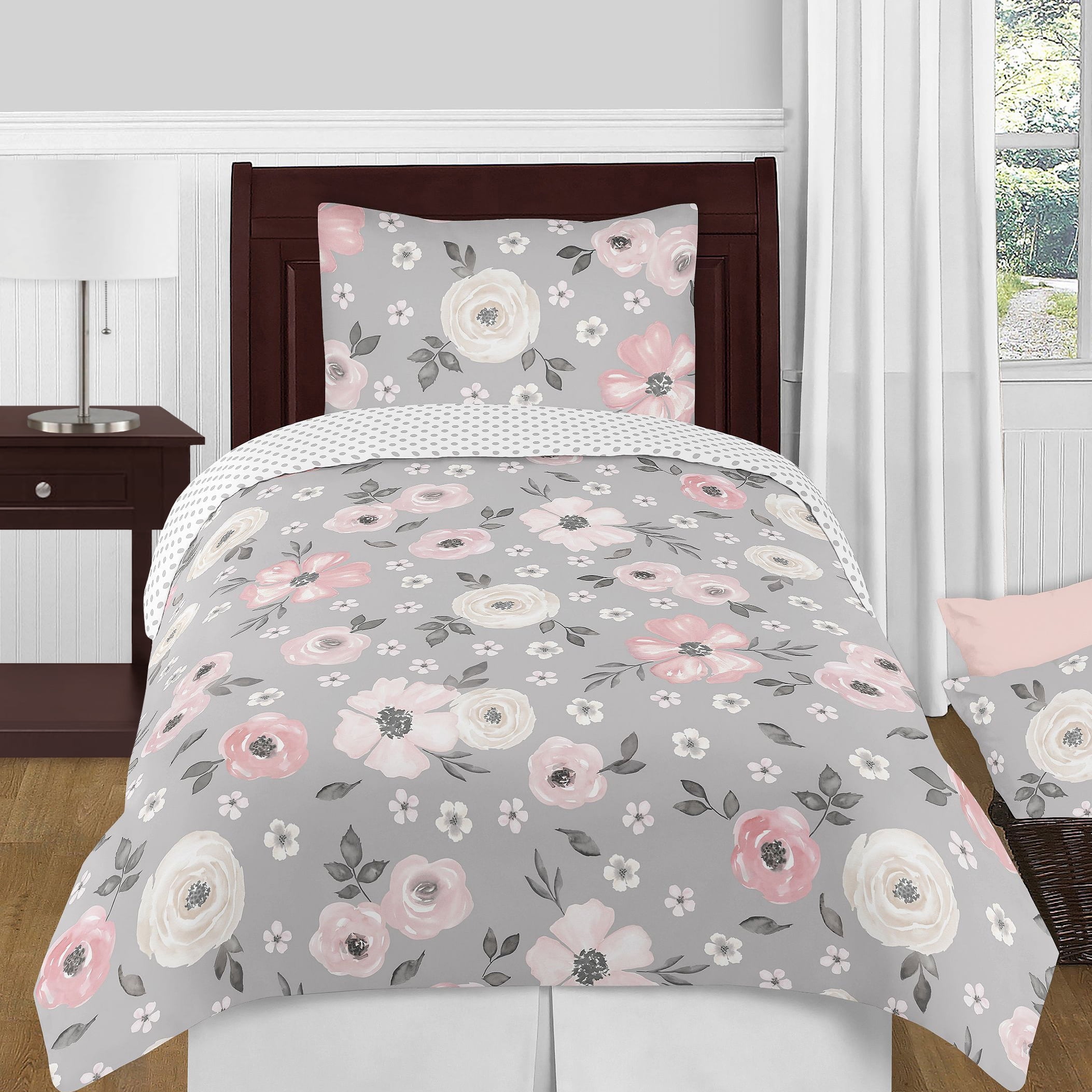 Gray and Pink Floral Microfiber Twin Comforter Bedding Set