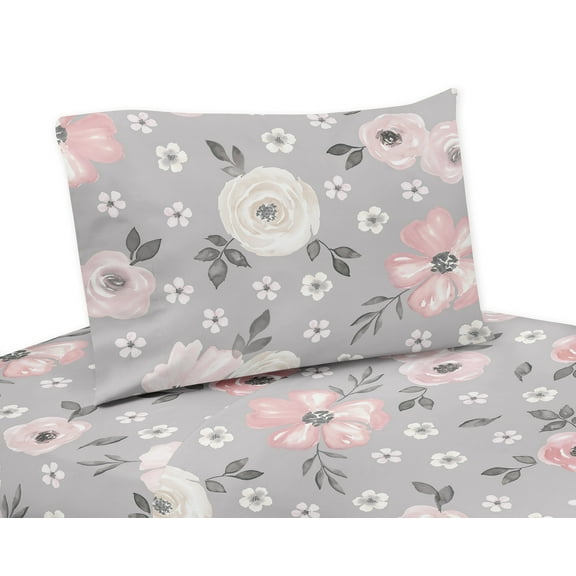 Sweet Jojo Designs Watercolor Floral Grey and Pink 3 Piece Twin Size Sheet Set