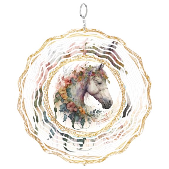 Watercolor Floral Horse 3D Wind Spinner Kinetic Metal Hanging Farmhouse Wall Decor Round