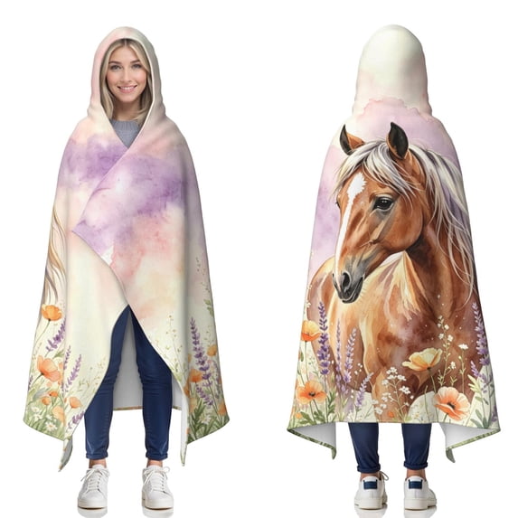 Watercolor Floral Horse Wearable Blanket Hoodies for Women Men Adults Horse Lovers Soft Cozy Beautiful Wildflower Horses Hooded Blankets for Bed Sofa Decor Birthday Gifts 50x60 Inch
