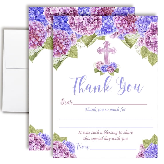 Watercolor Floral Hydrangea First Holy Communion Thank You Cards for Kids – 10 Cards with Envelopes – 4.5x5 Fill In the Blank Thank You Notes, Kids Birthday Party Stationery by Amanda Creation