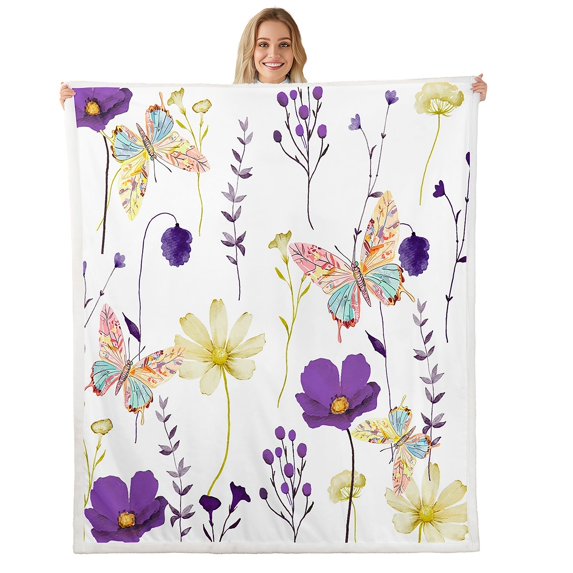 Watercolor Floral Fleece Blanket Size,Purple Yellow Flower Butterfly Sherpa Blanket For Teens Adult Women Bedroom,Rustic Farmhouse Throw Blanket Pastoral Branches Aesthetic Flannel Blanket