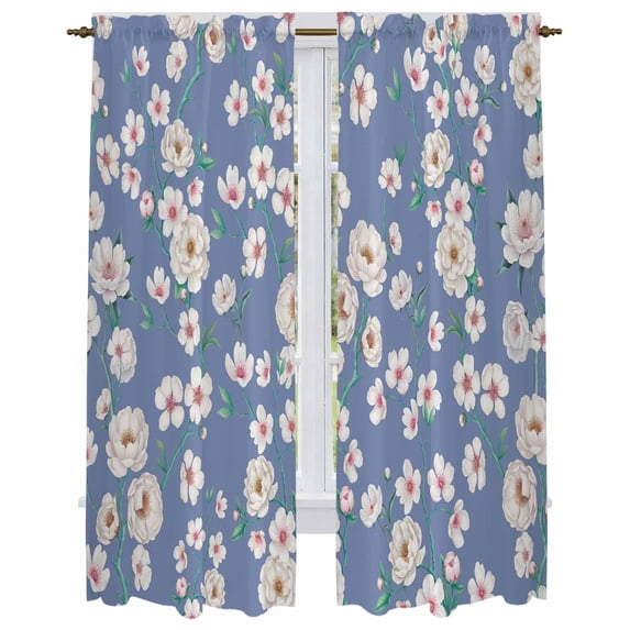 Watercolor Floral Kitchen Curtain for Berdoom Living Room Cafe 72 Inch Length, Spring Flower Leaves Botanical Blue Tiers Curtains Light Filtering Drapes Rod Pocket Window Treatment 2 Panels 52"Wx72"L