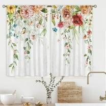 Watercolor Floral Kitchen Curtains 27.5Wx36H Inch Rod Pocket Colorful Wild Flower Cafe Curtains Rustic Leaves Plants Spring Botanical Farmhouse Wooden Bathroom Window Curtain Fabric 2 Panels