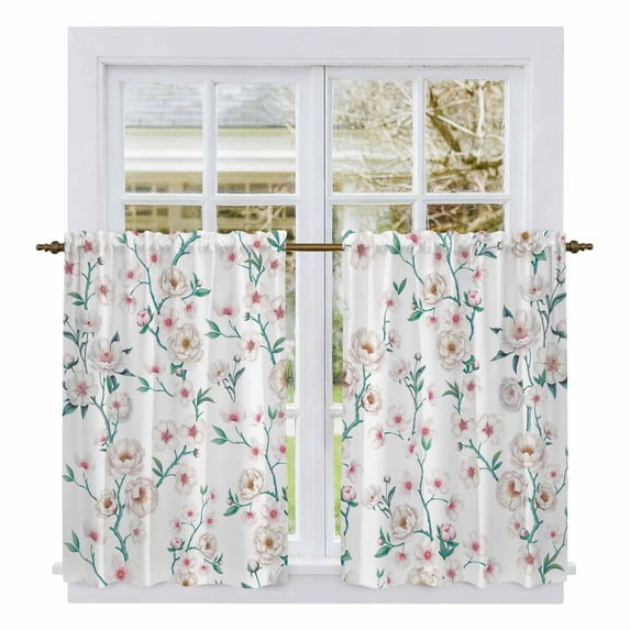 Watercolor Floral Kitchen Curtains 54 Inch Length, Spring Botanical Flowers Tree Branches Tiers Curtains for Bathroom Bedroom Cafe, Light Filtering Small Window Treatment Drapes 2 Panels 42"Wx54"L