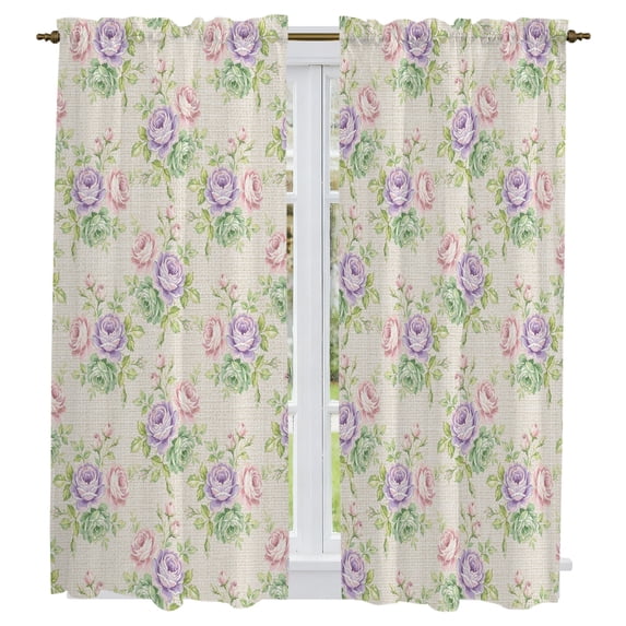 Watercolor Floral Kitchen Curtains 63 Inch Length, Spring Flowers Blossom Leaves Beige Tiers Curtains for Living Room Berdoom Bathroom, Light Filtering Drapes Window Treatment 2 Panels 42"Wx63"L