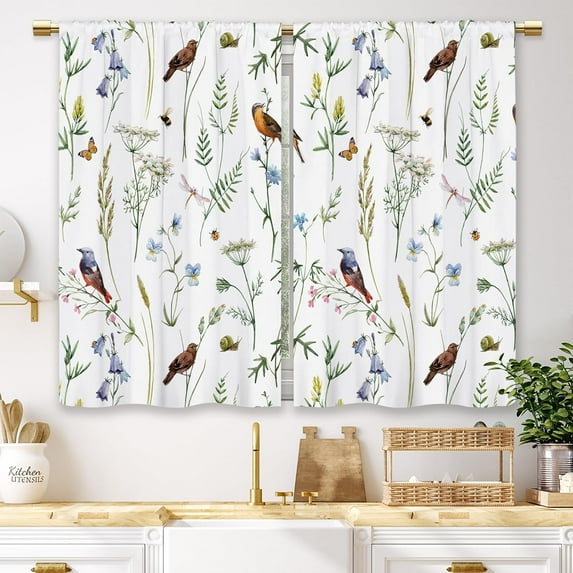 Watercolor Floral Kitchen Curtains Boho Botanical Flower Small Short Cafe Window Curtains Wildflower Herb Bird Leaves Spring Bathroom Drapes Treatment Tier Curtains 2 Panels (27.5x39 Inch)