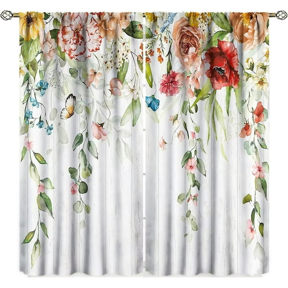 Watercolor Floral Kitchen Curtains Colorful Flower Curtains Rustic Leaves Plants Spring Botanical Farmhouse Wooden Nature Printed Window Drapes Fabric 2 Panels 42x84 Inch Decor