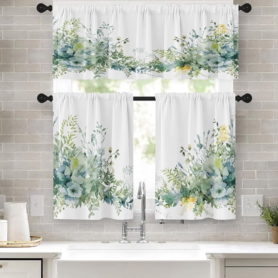 Watercolor Floral Kitchen Curtains Green Window Curtains Valance and Tier Set 36 Inch, Border with Leaves Rod Pocket Short Tier Curtain, Spring Flowers Small Cafe Curtains for Kitchen Decor