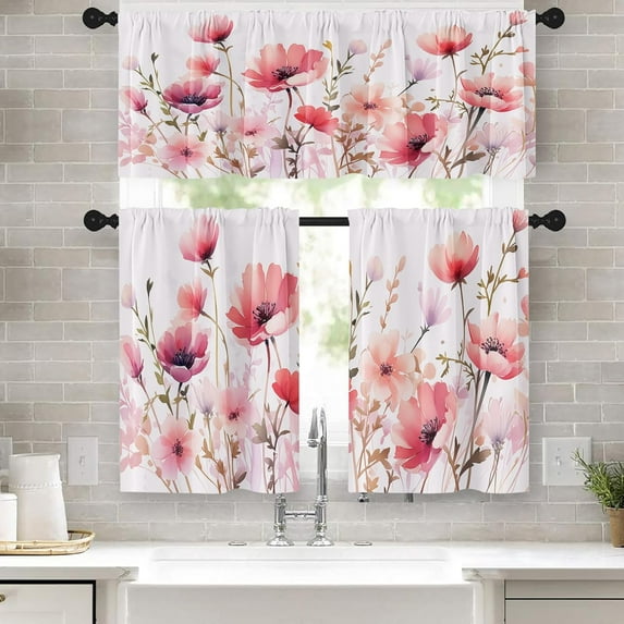 Watercolor Floral Kitchen Curtains Pink Window Curtains Valance and Tier Set 36 Inch, Spring Flowers Rod Pocket Short Tier Curtain, Modern Ink Artistic Small Cafe Curtains for Kitchen Decor