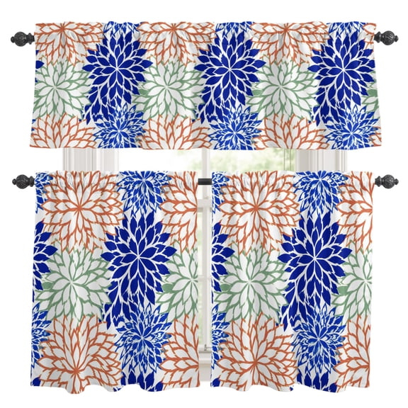 Watercolor Floral Kitchen Curtains and Valances Set, Coastal Green Peach Blue Flower Rod Pocket Window Valance Window Curtain Panels for Living Room Bedroom Laundry, 27.5x36in, 3 Pieces