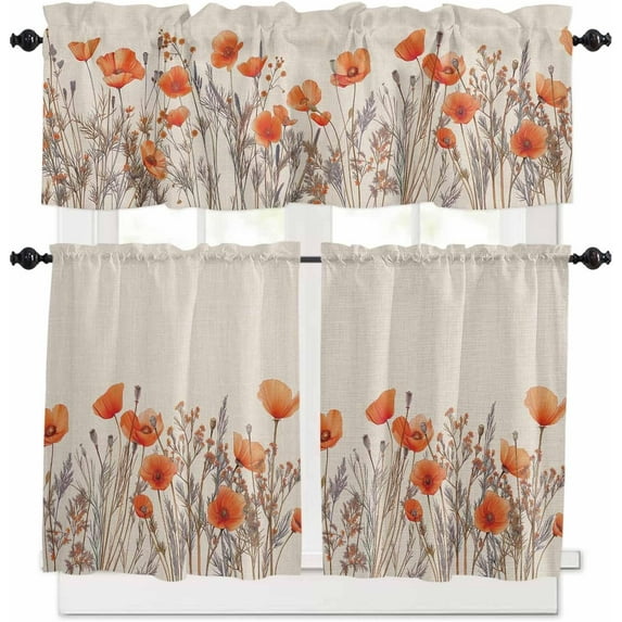 Watercolor Floral Kitchen Curtains and Valances Set, Rod Pocket Curtains Tier Farmhouse Window Curtains 24 Inch Length, Orange Poppy Wild Flower Rustic Beige 3 Piece Kitchen Curtains Set
