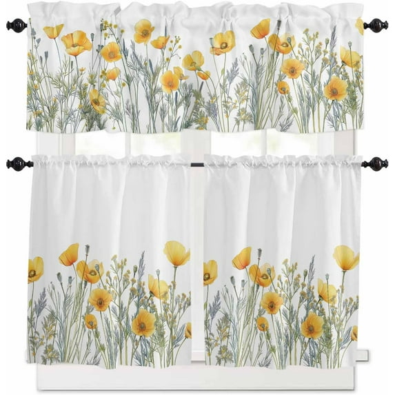 Watercolor Floral Kitchen Curtains and Valances Set, Rod Pocket Curtains Tier Farmhouse Window Curtains 24 Inch Length, Yellow Poppy Wild Flower Botanical 3 Piece Kitchen Curtains Set