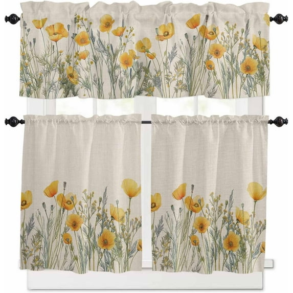 Watercolor Floral Kitchen Curtains and Valances Set, Rod Pocket Curtains Tier Farmhouse Window Curtains 24 Inch Length, Yellow Poppy Wild Flower Rustic Beige 3 Piece Kitchen Curtains Set
