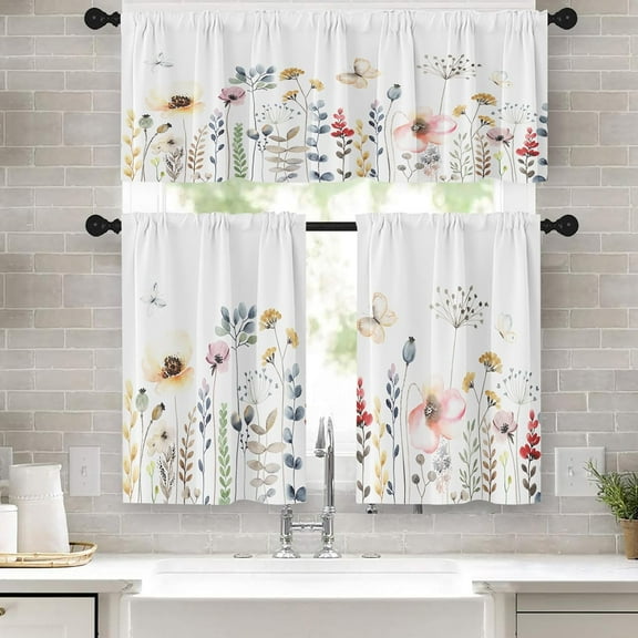 Watercolor Floral Kitchen Curtains Window Curtains Valance and Tier Set 36 Inch, Colorful Wildflowers and Butterflies Rod Pocket Short Tier Curtain, Spring Small Curtains for Kitchen Decor